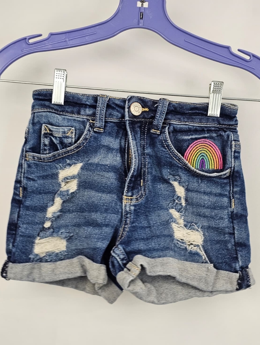 Justice Mini Mom Rainbow Embellished Distressed Jean Shorts, Sz 8 - Picture 5 of 8